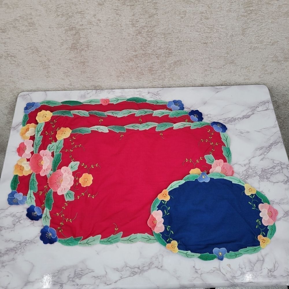 Vintage Placemat Set Red and Blue with Hand Embroidered Flowers Leaves 4pc